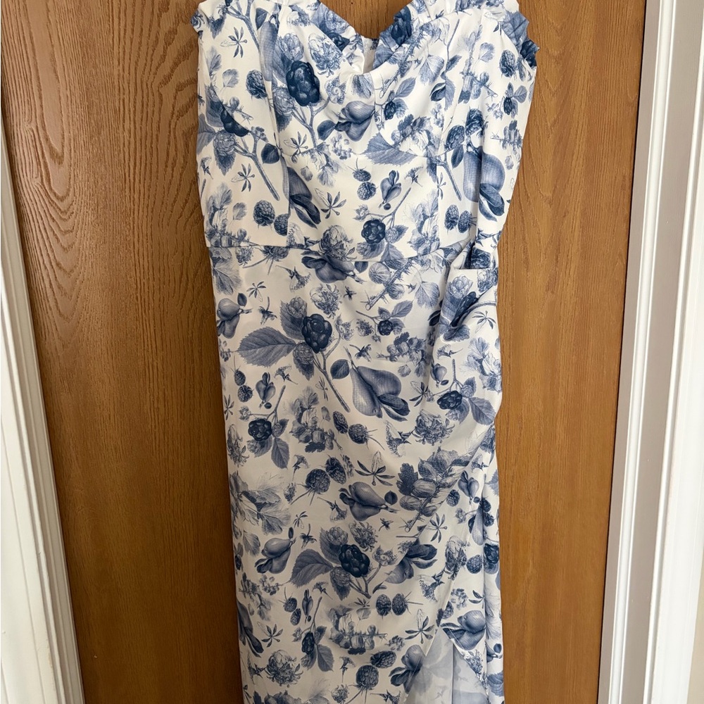 Blue and White Floral Strapless Dress